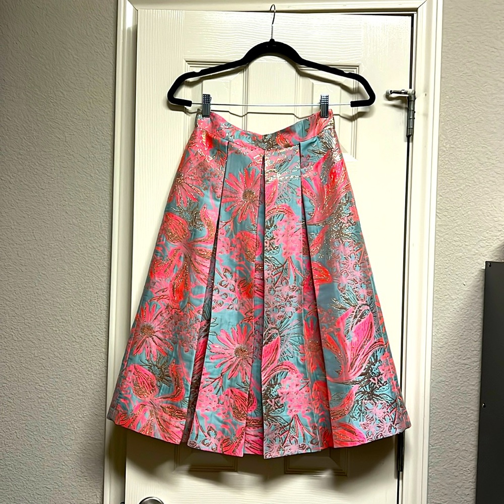 Gianni Bini Pink,Teal & Gold Metallic Pleated Skirt Size 2